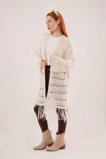 Cardigan long en maille perforée à pompons de transition, couleur crème, en gros