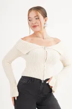 Madonna Yaka Full Fermuarlı Toptan Taş Triko Bluz