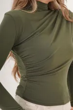 Omuz Ve Bel Büzgülü Dik Yaka Toptan Haki Bluz