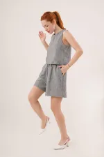 Arkası Düğme Detaylı Bluz Ve Cepli Şort İkili Toptan Antrasit Takım