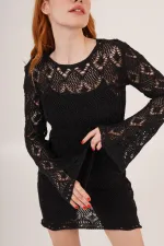 Ajurlu Kayık Yaka Toptan Siyah Elbise