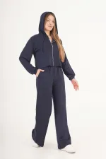 Modal Hırka Pantolon Crop Lacivert Toptan Üçlü Takım