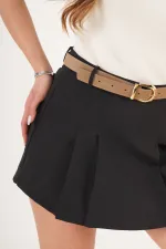 Kemerli Piliseli Siyah Mini Şort Etek