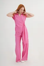 Kruvaze Gömlek Bluz Ve Pantolon Toptan Fuşya Takım