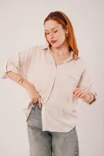 Cep Detay Krem Oversize Çizgili Toptan Gömlek