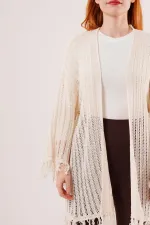 Püskül Detaylı Delikli Model Toptan Krem Hırka