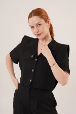 Cepli Düğmeli Bluz Ve Diz Detaylı Pantolon Siyah Toptan İkili Takım