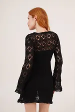 Ajurlu Kayık Yaka Toptan Siyah Elbise