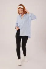 Cep Detay Mavi Oversize Çizgili Toptan Gömlek