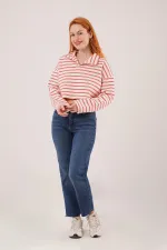 Polo Yaka Kırmızı Çizgili Toptan Crop Sweatshirt