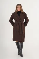 Apolet Detaylı Kuşaklı Toptan Kahve Kaşe Kaban