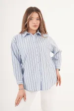 Çizgili Arkası Düğme Detaylı Toptan Mavi Gömlek