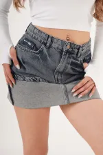 Ucu Katlama Detaylı Eskitme Mini Denim Etek