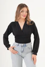Göğüs Drapeli V Yaka Siyah Toptan Bluz