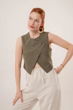 Çift Düğmeli Çapraz Model Haki Toptan Yelek