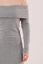 Madonna Collar Corduroy Wholesale Gray Knit Dress