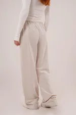 Cepli Bağlama Detaylı Keten Toptan Ekru Pantolon