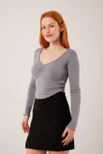 Geniş Yaka Gri Toptan Basic Body Bluz