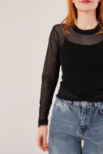 Chemisier basique en tulle noir transparent en gros