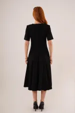 Dikiş Detaylı Kısa Kollu Toptan Siyah Uzun Elbise