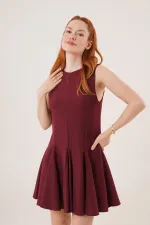Sıfır Kol Pileli Toptan Bordo Mini Elbise