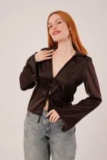Önden Bağlama Detaylı Saten Toptan Kahverengi Bluz