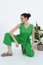 Wholesale Green Jumpsuit with Back Zipper and Waist Belt