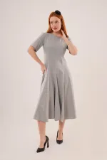 Dikiş Detaylı Kısa Kollu Toptan Gri Uzun Elbise