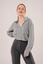 Yarasa Kol Çizgili Cep Detaylı Toptan Gri Gömlek