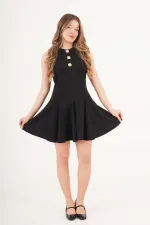 Pilili Kloş Kesim Gold Detay Siyah Toptan Elbise