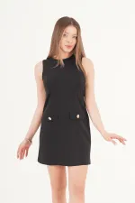 Belden Oturtmalı Ön Dikişli Siyah Toptan Mini Elbise