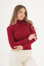 Omuz Ve Bel Büzgülü Dik Yaka Toptan Bordo Bluz
