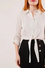 Kol Detaylı Bağlamalı Çizgili Toptan Beyaz Gömlek