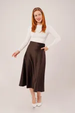 Çan Kesim Midi Kahverengi Toptan Saten Etek