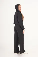 Modal Hırka Pantolon Crop Siyah Toptan Üçlü Takım