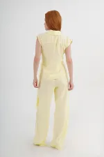 Double Breasted Shirt Blouse and Trousers Wholesale Yellow Suit