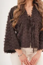 Full Saçaklı İp Bağlamalı Toptan Kahve Kimono