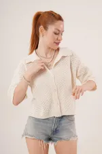 Cardigan boutonné à manches mi-longues et épaules dénudées, couleur crème, en gros
