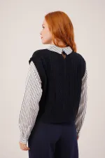 Kol Ve Yaka Gömlek Detaylı Lacivert Toptan Triko Kazak