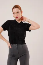 Fitilli Kısa Kollu Parlak Toptan Siyah Bluz