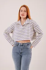 Polo Yaka Lacivert Çizgili Toptan Crop Sweatshirt