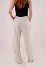 Cepli Bağlama Detaylı Keten Toptan Ekru Pantolon