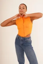 Korse Detay Kısa Kollu Toptan Oranj Gömlek