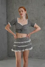 Pötikare Desenli Etek Crop Siyah Toptan İkili Takım