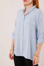 Cep Detay Mavi Oversize Çizgili Toptan Gömlek