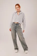 Crop Model Cepli Ve Çizgili Beyaz Toptan Gömlek