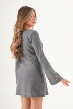 Selanik Örgü Taşlı Toptan Gri Elbise