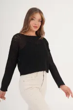 File Geniş Yaka Toptan Siyah Örme Bluz