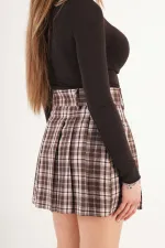 Pileli Yüksek Bel Astarı Şortlu Toptan Bej Mini Etek