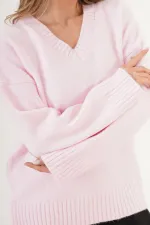 Pull rose à col V en maille côtelée épaisse, vente en gros